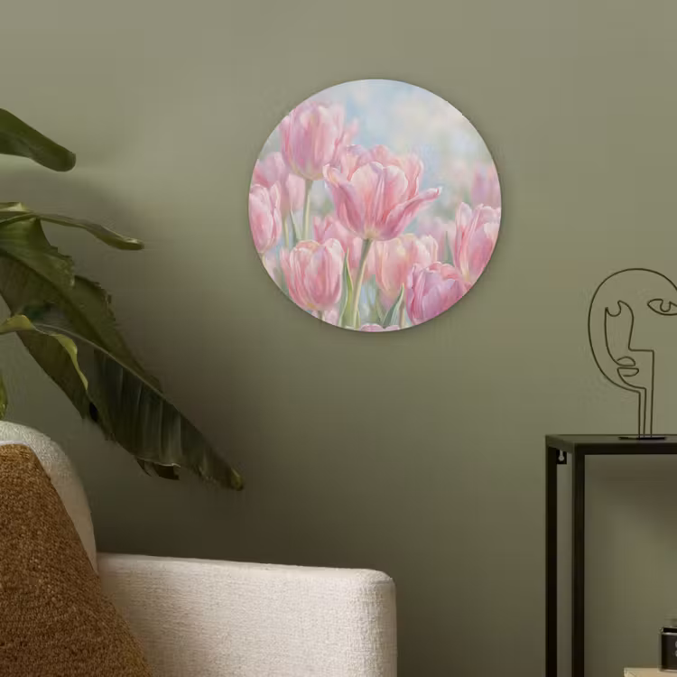 Tulpen - Veld - Lente - Roze Akoestische PET Vilt - Rond klein -sfeer2