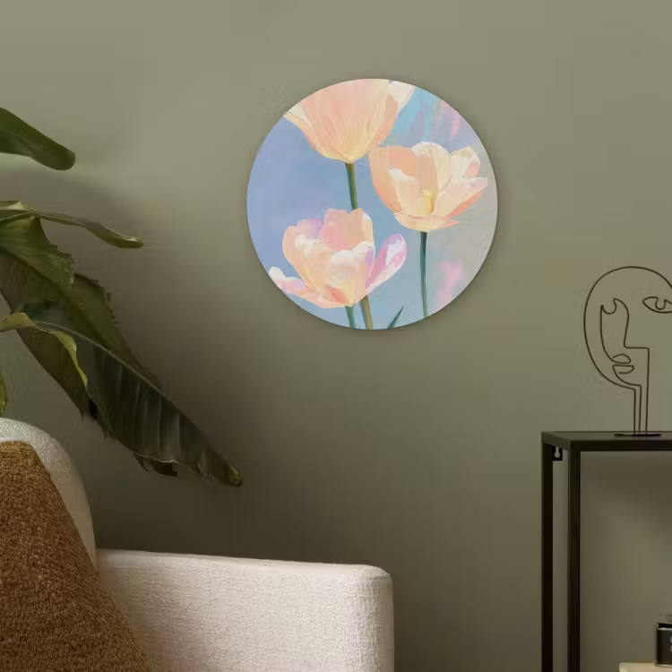 Tulpen - Roze accenten - Blauw Akoestische PET Vilt - Rond klein -sfeer2