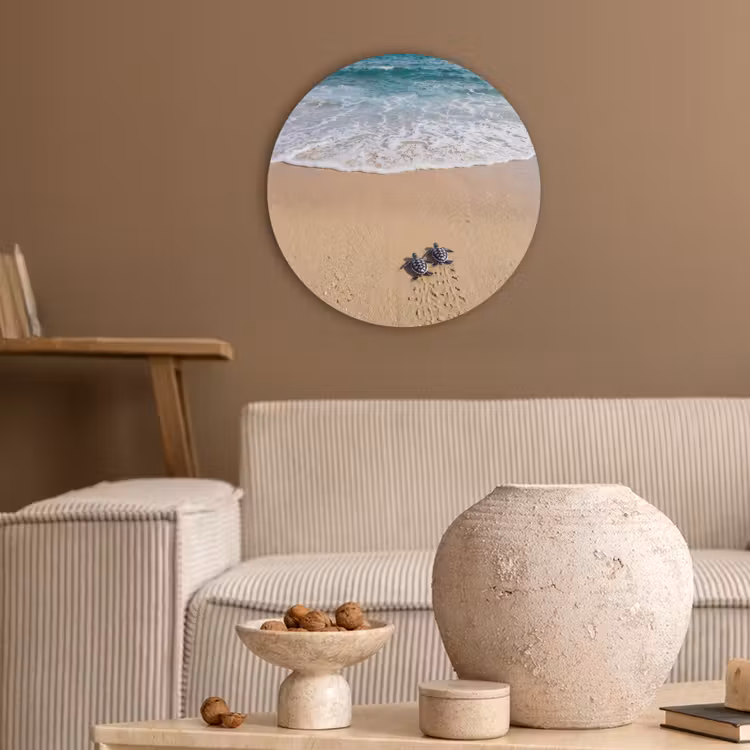 Schildpad - Jong - Strand - Oceaan - Blauw Akoestische PET Vilt - Rond klein -sfeer1