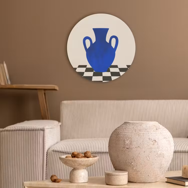 Vaas - Blauw - Geblokt - Modern Akoestische PET Vilt - Rond klein -sfeer1