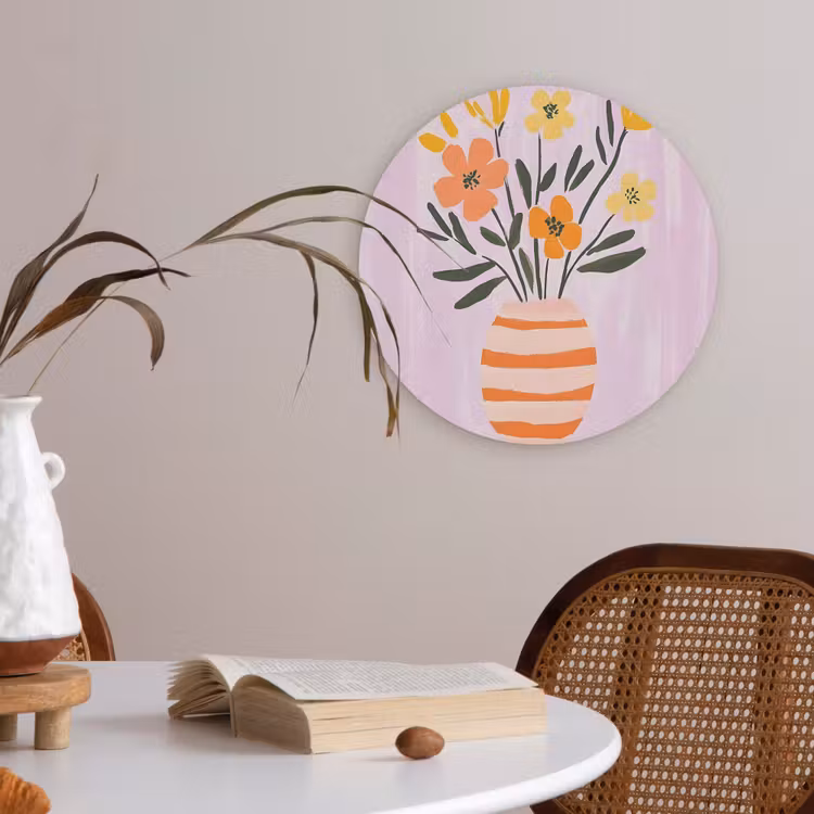 Vaas - Gestreept - Bloemen - Oranje Akoestische PET Vilt - Rond klein -sfeer3