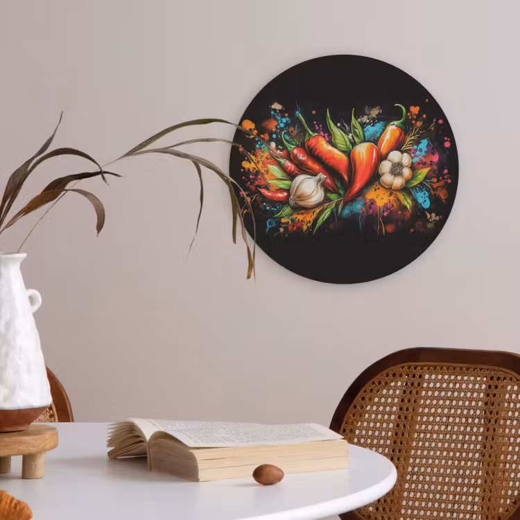 Groente - Peper - Knoflook - Graffiti - Verf - Kleurrijk Akoestische PET Vilt - Rond klein -sfeer3