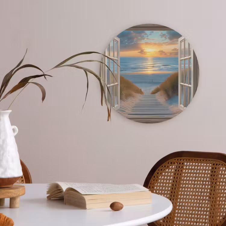Doorkijk - Strand - Pad - Zonsondergang Akoestische PET Vilt - Rond klein -sfeer3