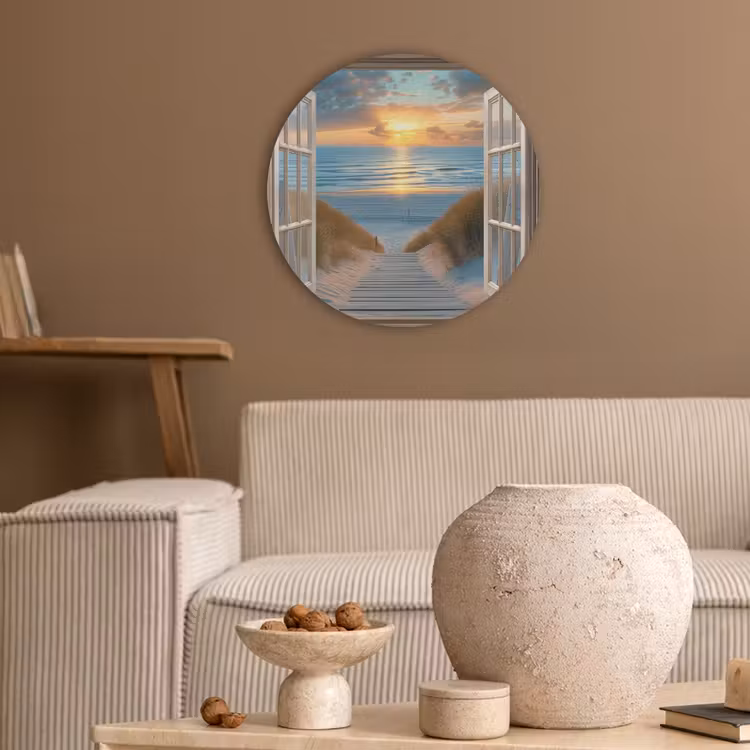 Doorkijk - Strand - Pad - Zonsondergang Akoestische PET Vilt - Rond klein -sfeer1