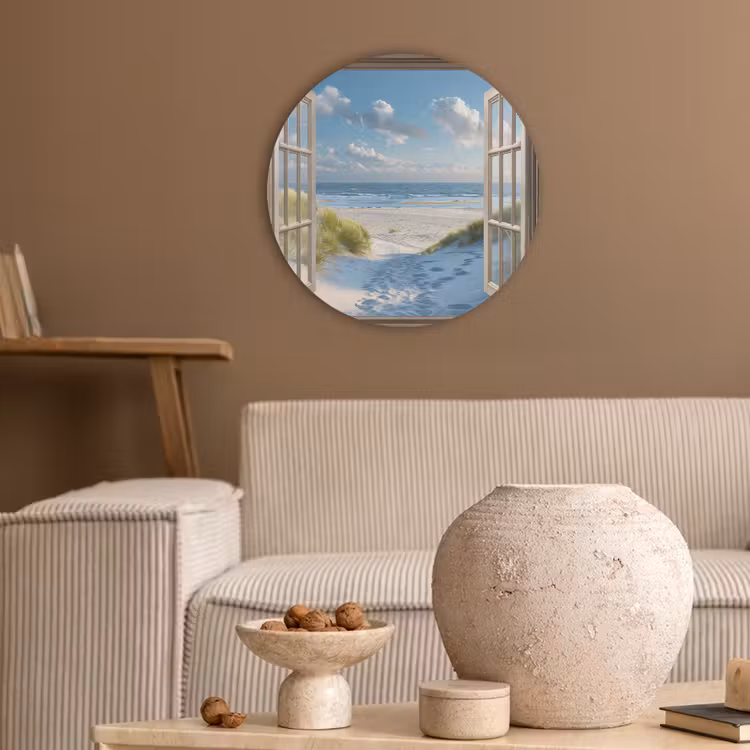Doorkijk - Strand - Raam - Duinen - Zee Akoestische PET Vilt - Rond klein -sfeer1