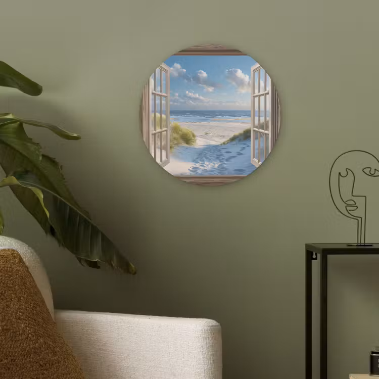 Doorkijk - Strand - Raam - Duinen - Zee Akoestische PET Vilt - Rond klein -sfeer2