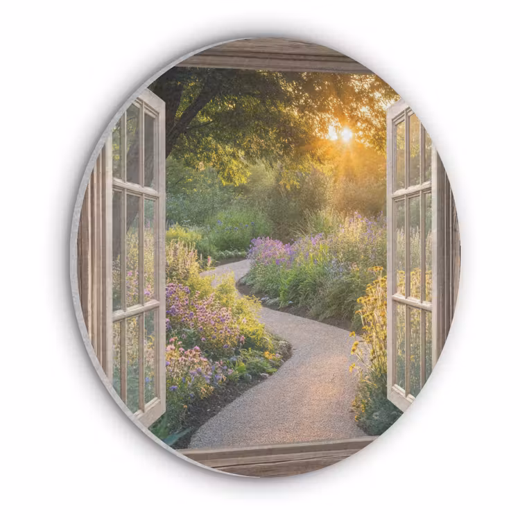 Doorkijk - Bloemen - Natuur - Zon - Pad Akoestische PET Vilt - Rond klein -3d