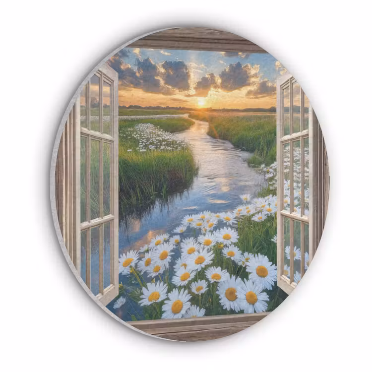 Doorkijk - Landschap - Raam - Water - Zonsondergang Akoestische PET Vilt - Rond klein -3d