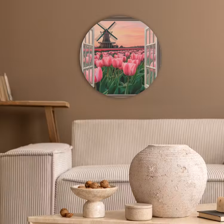 Doorkijk - Tulpen - Bloemen - Molen - Raam Akoestische PET Vilt - Rond klein -sfeer1