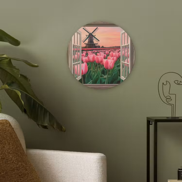 Doorkijk - Tulpen - Bloemen - Molen - Raam Akoestische PET Vilt - Rond klein -sfeer2