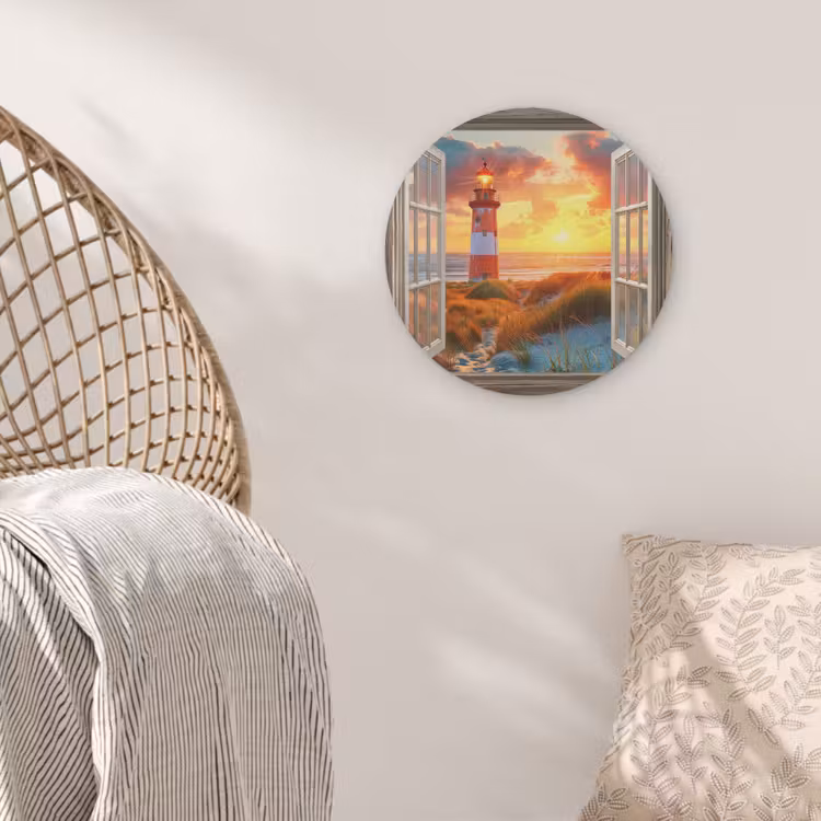Doorkijk - Raam - Vuurtoren - Zonsondergang - Strand Akoestische PET Vilt - Rond klein -sfeer4