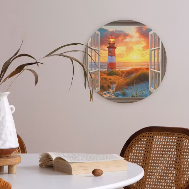 Doorkijk - Raam - Vuurtoren - Zonsondergang - Strand Akoestische PET Vilt - Rond klein -sfeer3