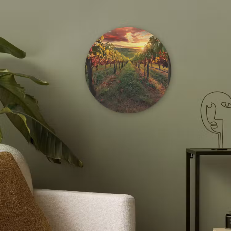 Wijngaard - Druiven - Zonsondergang Akoestische PET Vilt - Rond klein -sfeer2