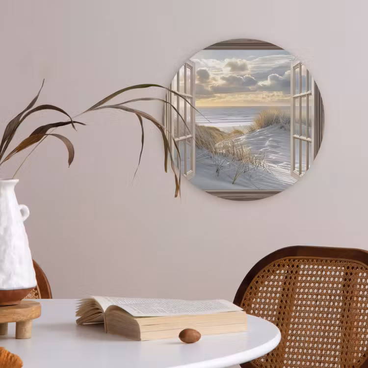Doorkijk - Strand - Duinen - Zee - Natuur Akoestische PET Vilt - Rond klein -sfeer3