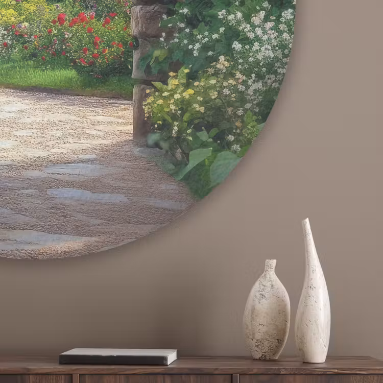 Doorkijk - Landschap - Bloemen - Pad - Uitzicht Akoestische PET Vilt - Rond klein -sfeer5_closeup