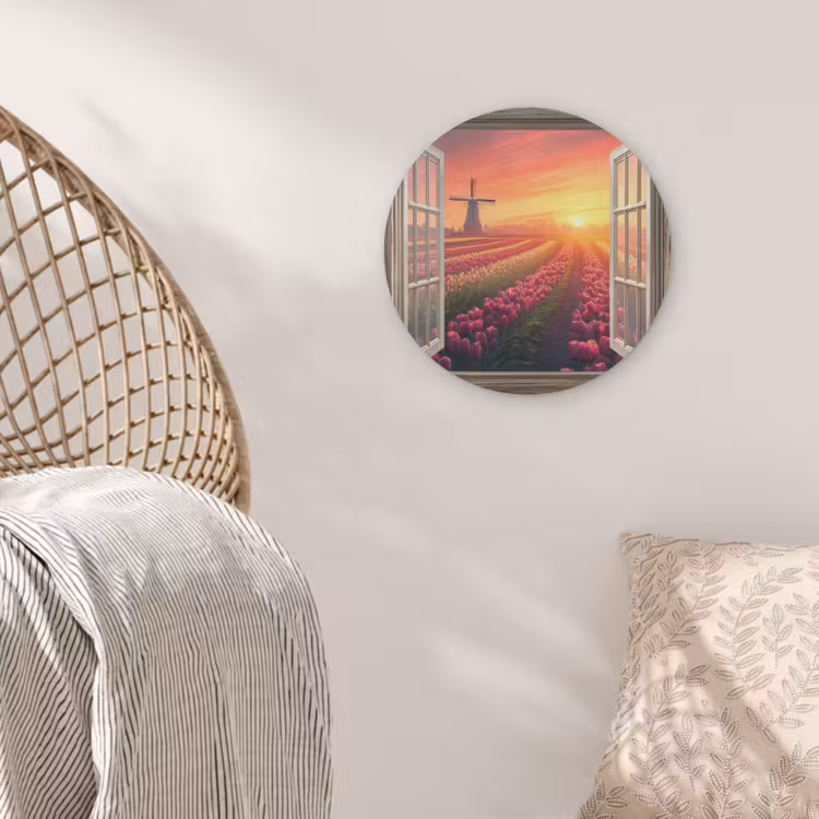 Doorkijk - Tulpen - Zonsondergang - Bloemen - Kleurrijk Akoestische PET Vilt - Rond klein -sfeer4