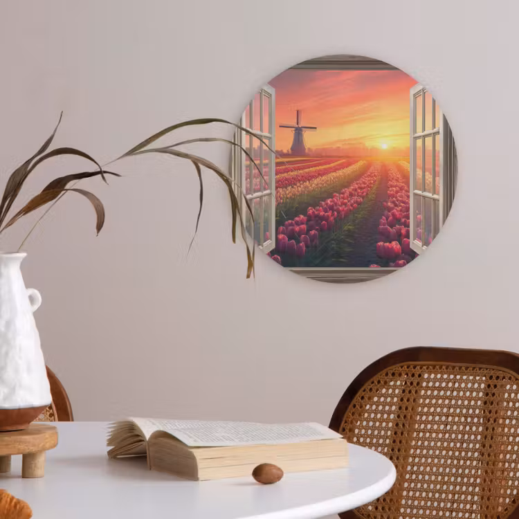 Doorkijk - Tulpen - Zonsondergang - Bloemen - Kleurrijk Akoestische PET Vilt - Rond klein -sfeer3
