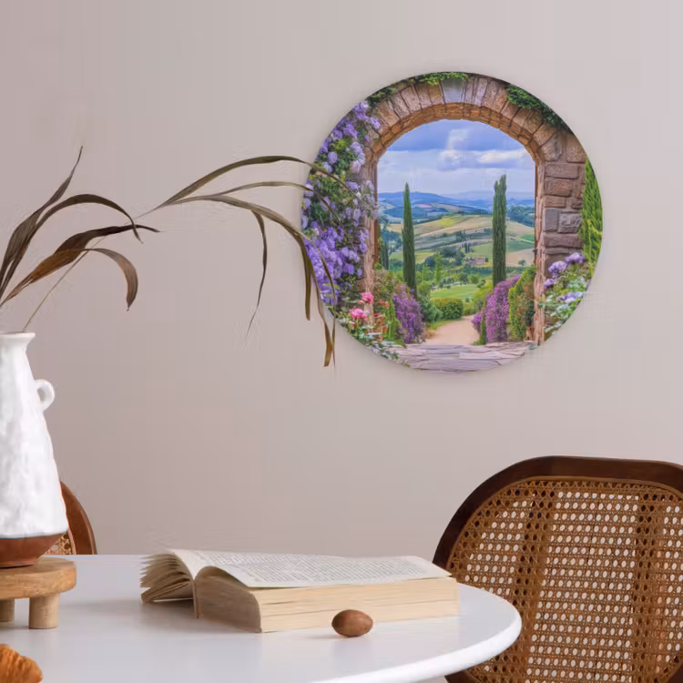Doorkijk - Toscane - Landschap - Poort Akoestische PET Vilt - Rond klein -sfeer3