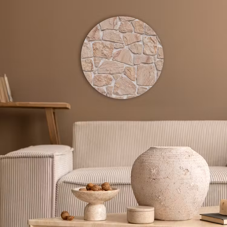 Muur - Steen - Patroon - Rustiek - Beige Akoestische PET Vilt - Rond klein -sfeer1