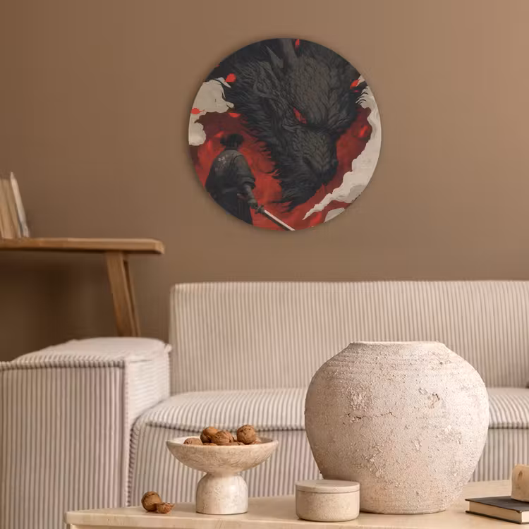 Krijger - Draak - Zwart - Rood - Rook Akoestische PET Vilt - Rond klein -sfeer1