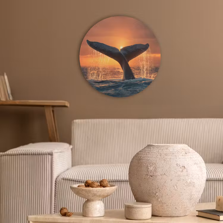 Walvis staart - Water - Zonsondergang Akoestische PET Vilt - Rond klein -sfeer1
