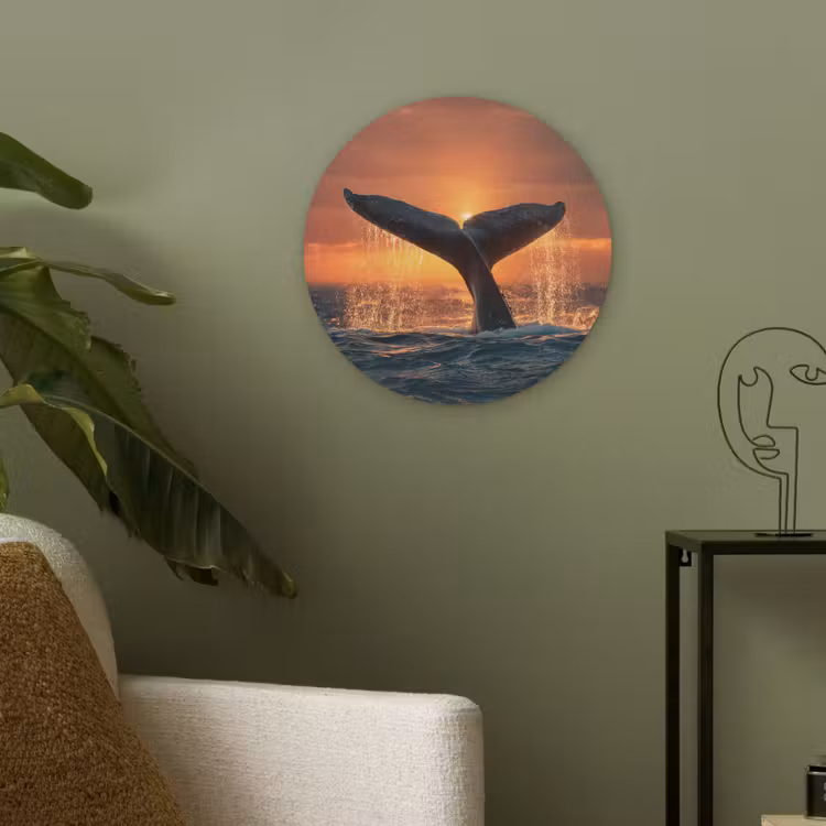 Walvis staart - Water - Zonsondergang Akoestische PET Vilt - Rond klein -sfeer2