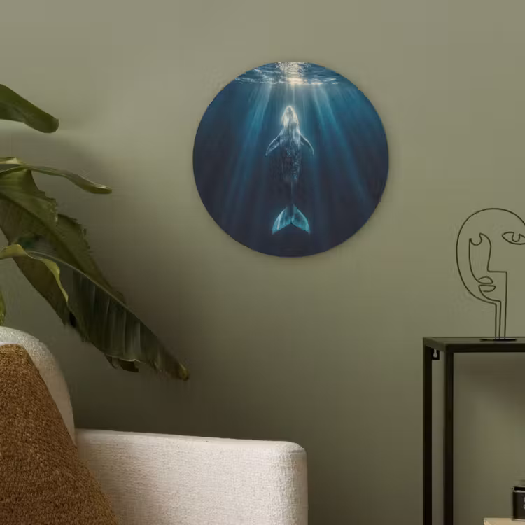 Walvis - Water - Zonnestralen - Blauw Akoestische PET Vilt - Rond klein -sfeer2