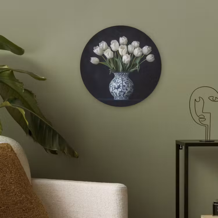 Wit - Bloemen - Tulpen - Vaas Akoestische PET Vilt - Rond klein -sfeer2