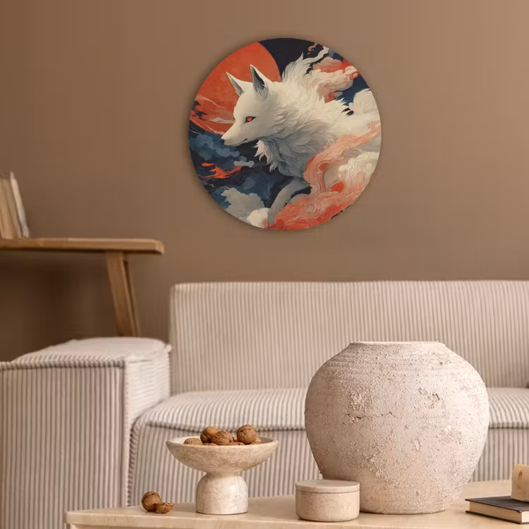Witte vos - wolken - maan Akoestische PET Vilt - Rond klein -sfeer1