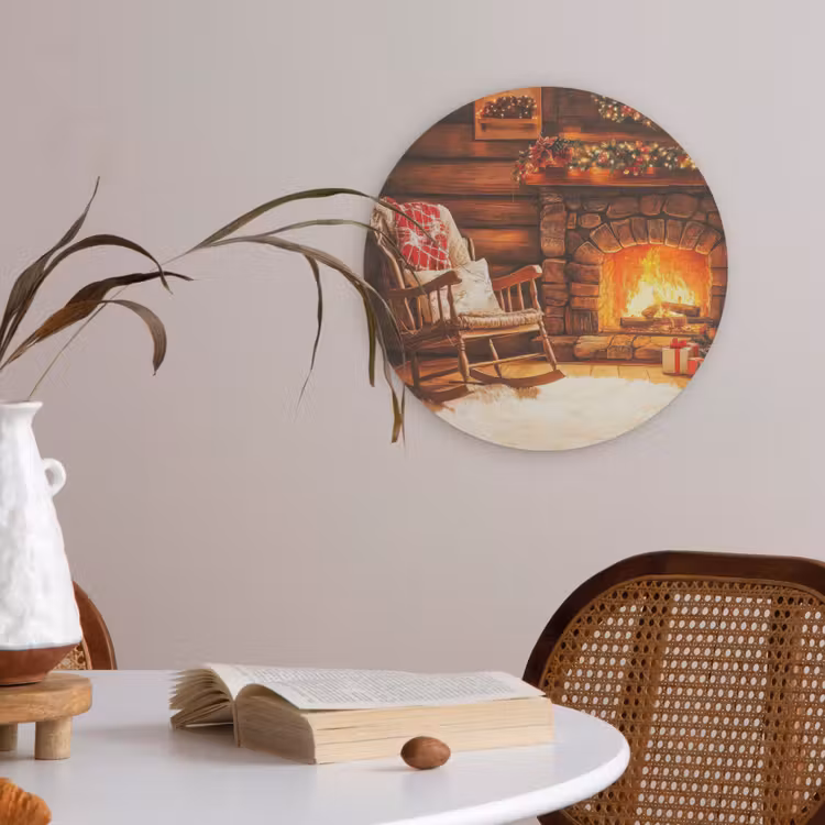 Winter - Kerst - Huis - Openhaard Akoestische PET Vilt - Rond klein -sfeer3
