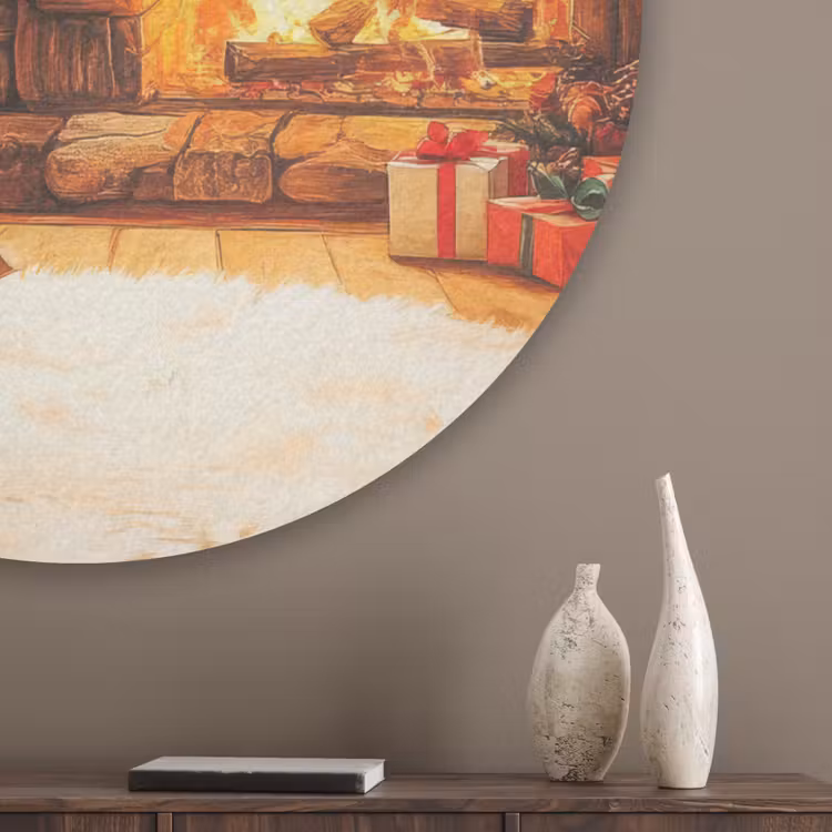 Winter - Kerst - Huis - Openhaard Akoestische PET Vilt - Rond klein -sfeer5_closeup