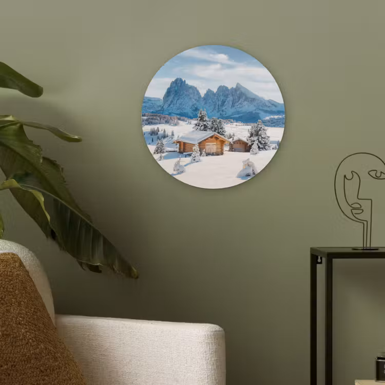 Winter - Huisje - Bergen - Uitzicht - Sneeuw Akoestische PET Vilt - Rond klein -sfeer2