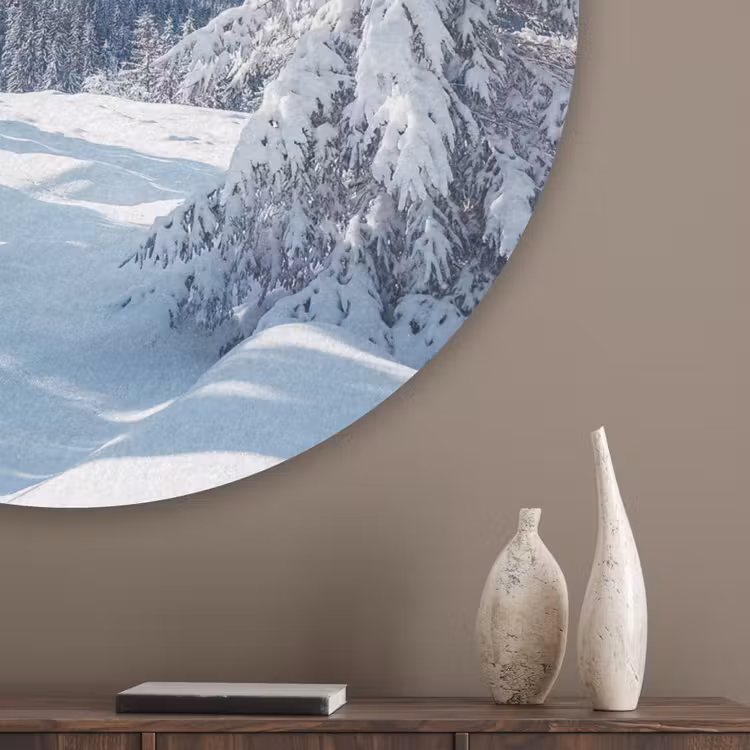 Winterlandschap - Natuur - Berg - Bomen - Sneeuw Akoestische PET Vilt - Rond klein -sfeer5_closeup