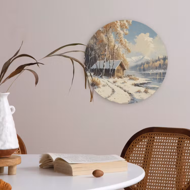 Winter - Sneeuw - Huis - Natuur Akoestische PET Vilt - Rond klein -sfeer3