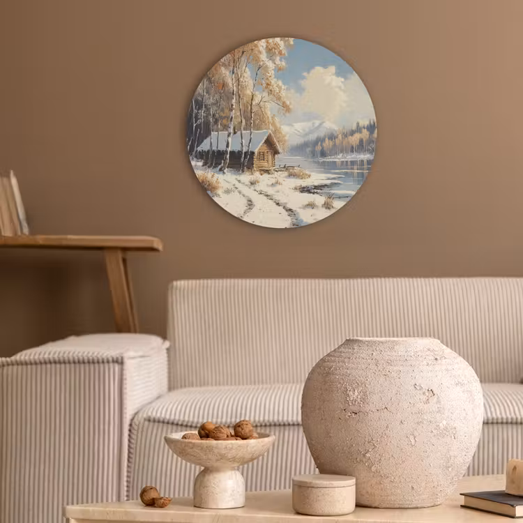 Winter - Sneeuw - Huis - Natuur Akoestische PET Vilt - Rond klein -sfeer1