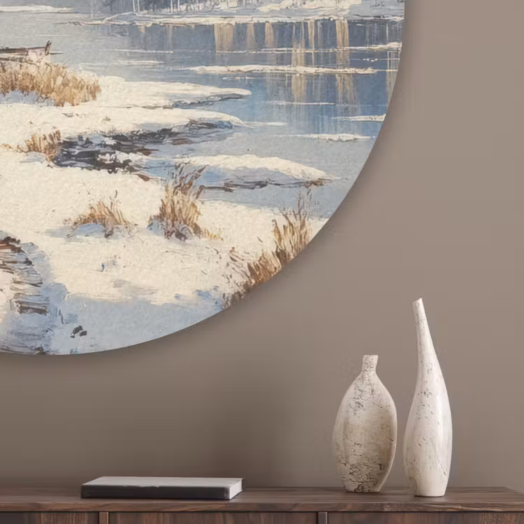 Winter - Sneeuw - Huis - Natuur Akoestische PET Vilt - Rond klein -sfeer5_closeup