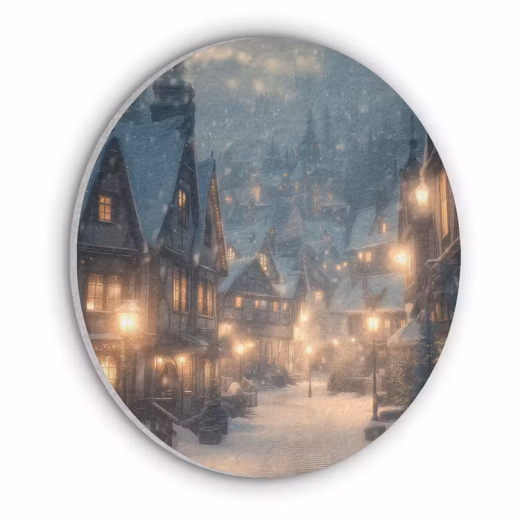 Winterdorp - Sneeuw - Donker Akoestische PET Vilt - Rond klein -3d