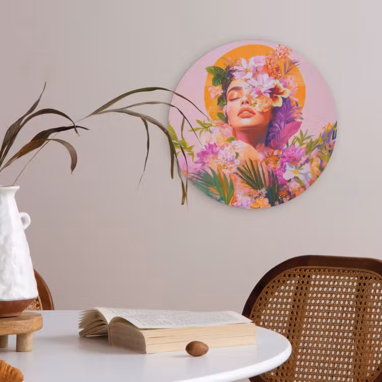 Vrouw - Abstract - Cirkel - Bloemen Akoestische PET Vilt - Rond klein -sfeer3