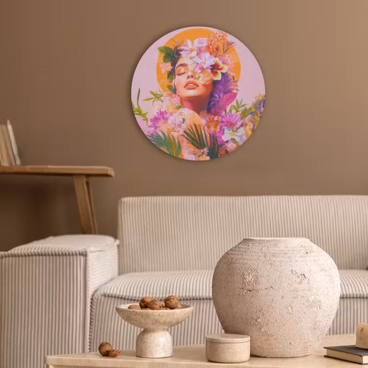 Vrouw - Abstract - Cirkel - Bloemen Akoestische PET Vilt - Rond klein -sfeer1