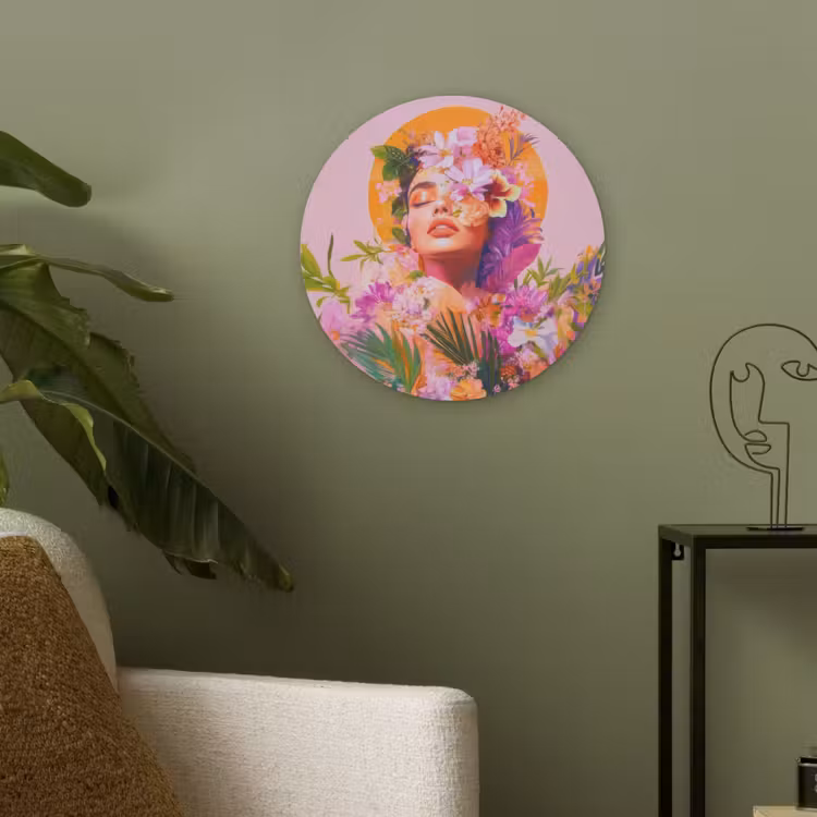 Vrouw - Abstract - Cirkel - Bloemen Akoestische PET Vilt - Rond klein -sfeer2