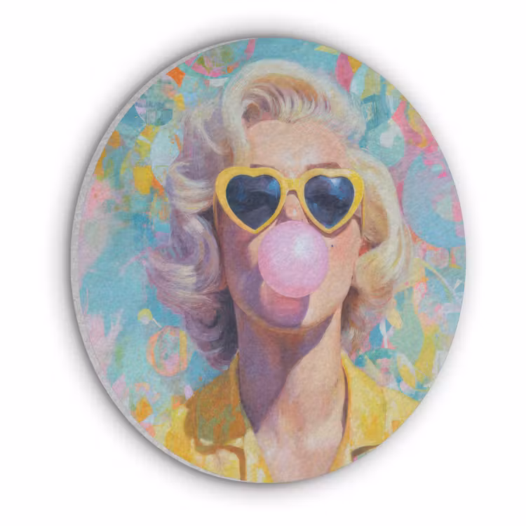 Vrouw - Blond - Roze kauwgom - Kleurrijk - Pastel Akoestische PET Vilt - Rond klein -3d