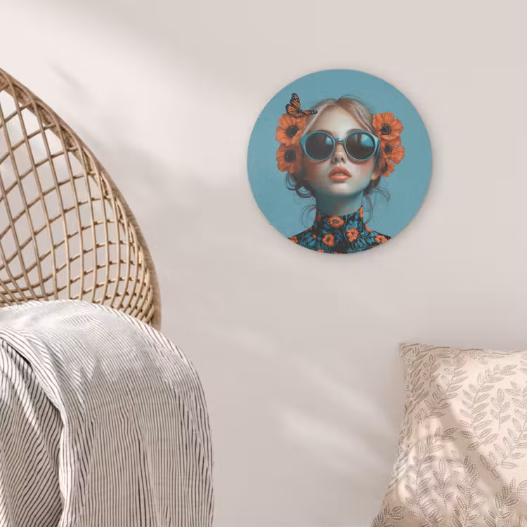 Vrouw - Blauw - Vlinder - Bloemen - Aesthetic Akoestische PET Vilt - Rond klein -sfeer4