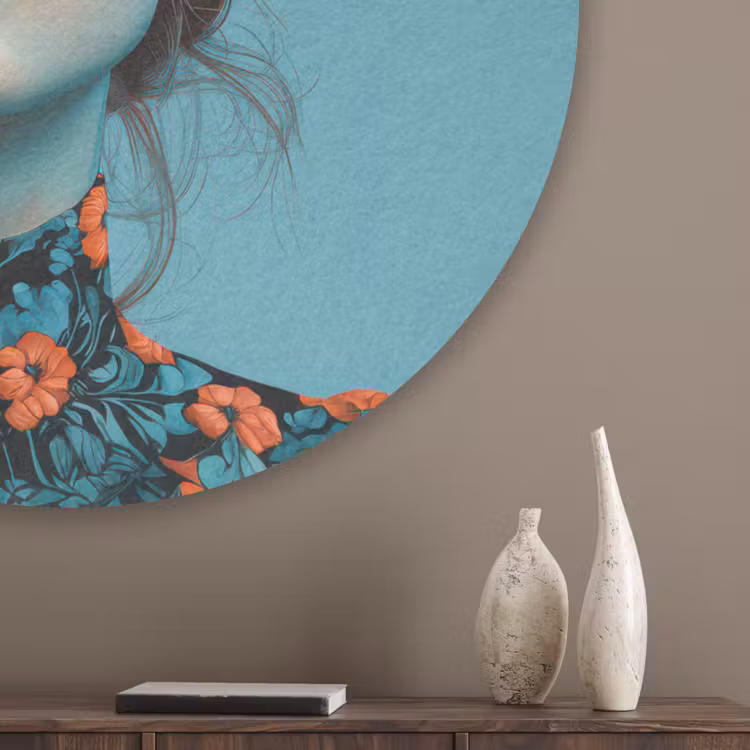 Vrouw - Blauw - Vlinder - Bloemen - Aesthetic Akoestische PET Vilt - Rond klein -sfeer5_closeup
