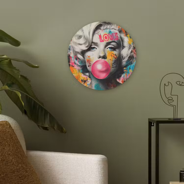 Vrouw - Kauwgom - Graffiti - Neonkleuren Akoestische PET Vilt - Rond klein -sfeer2