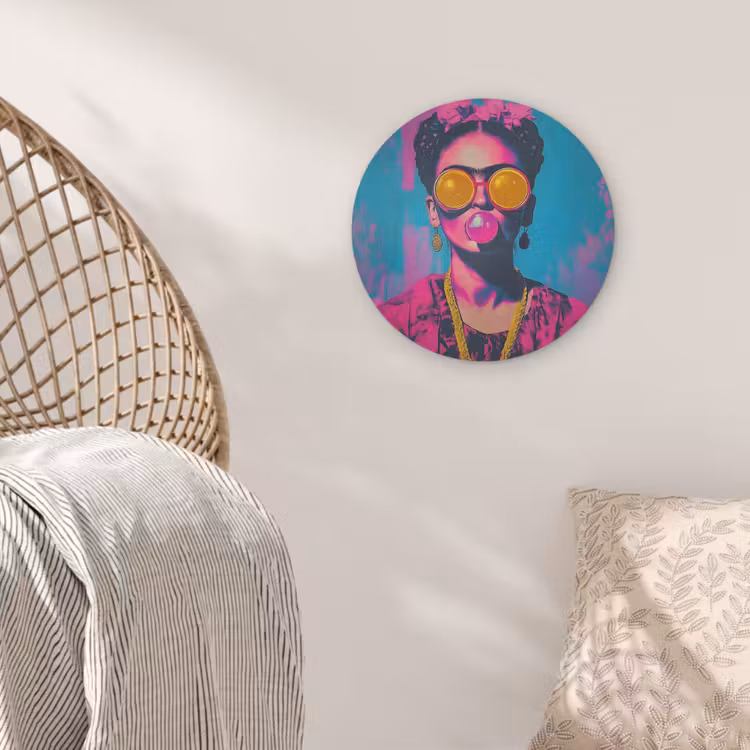 Vrouw - Kauwgom - Zonnebril - Oranje Akoestische PET Vilt - Rond klein -sfeer4