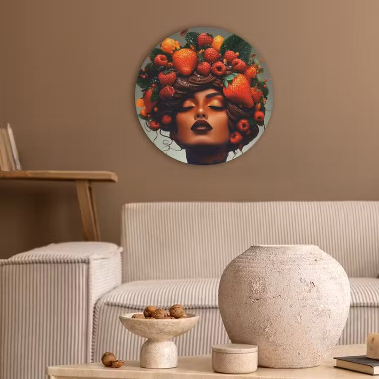Vrouw - Chocolade - Frambozen - Aardbeien - Koekjes Akoestische PET Vilt - Rond klein -sfeer1