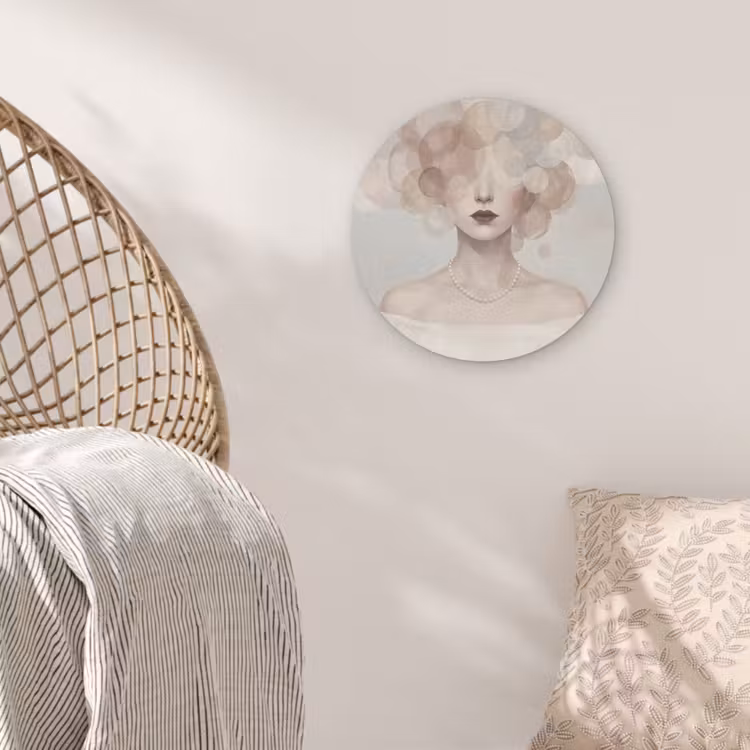 Vrouw - Cirkels - Beige Akoestische PET Vilt - Rond klein -sfeer4