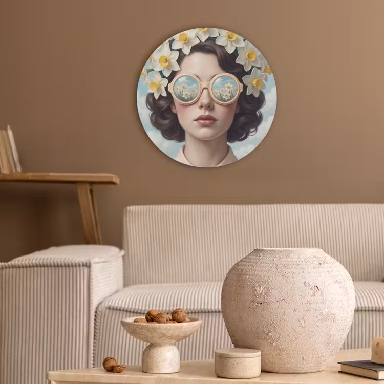 Vrouw - Narcissen - Geel Akoestische PET Vilt - Rond klein -sfeer1