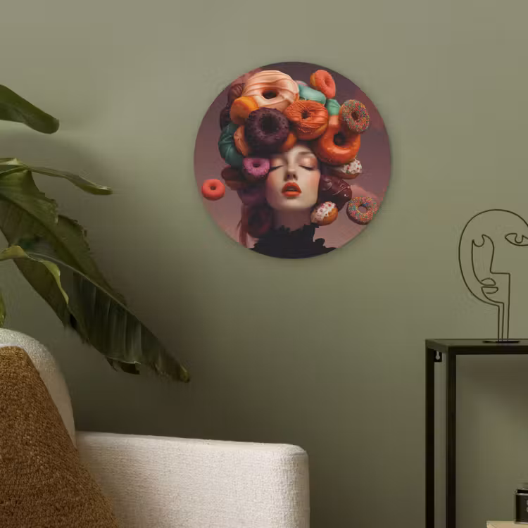 Vrouw - Donuts - Kleurrijk Akoestische PET Vilt - Rond klein -sfeer2