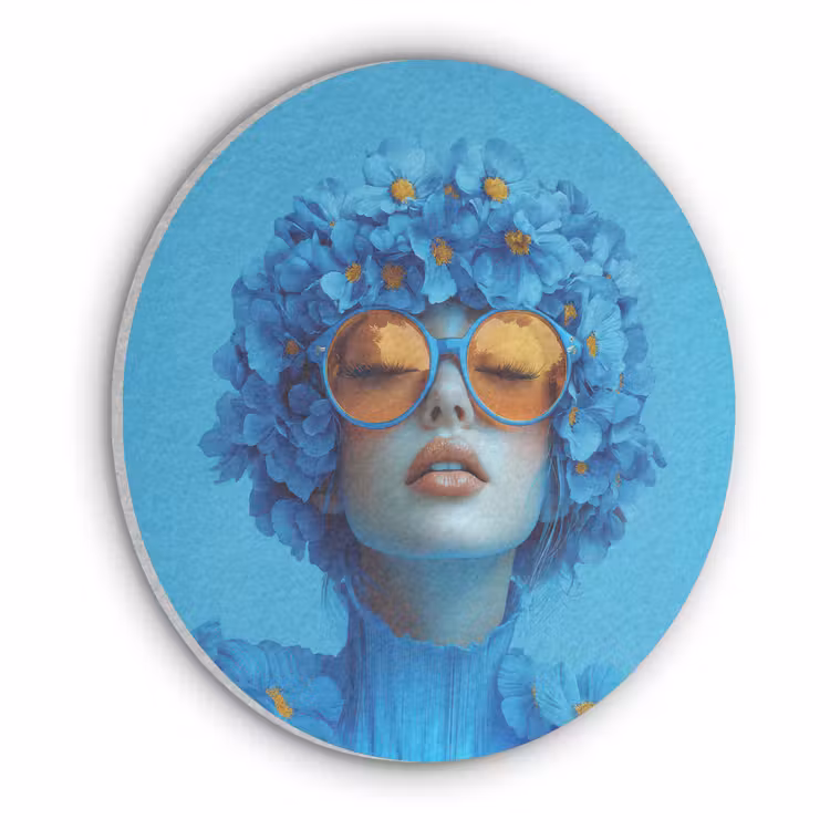 Vrouw - Bloem - Blauw - Modern - Bril - Portret Akoestische PET Vilt - Rond klein -3d